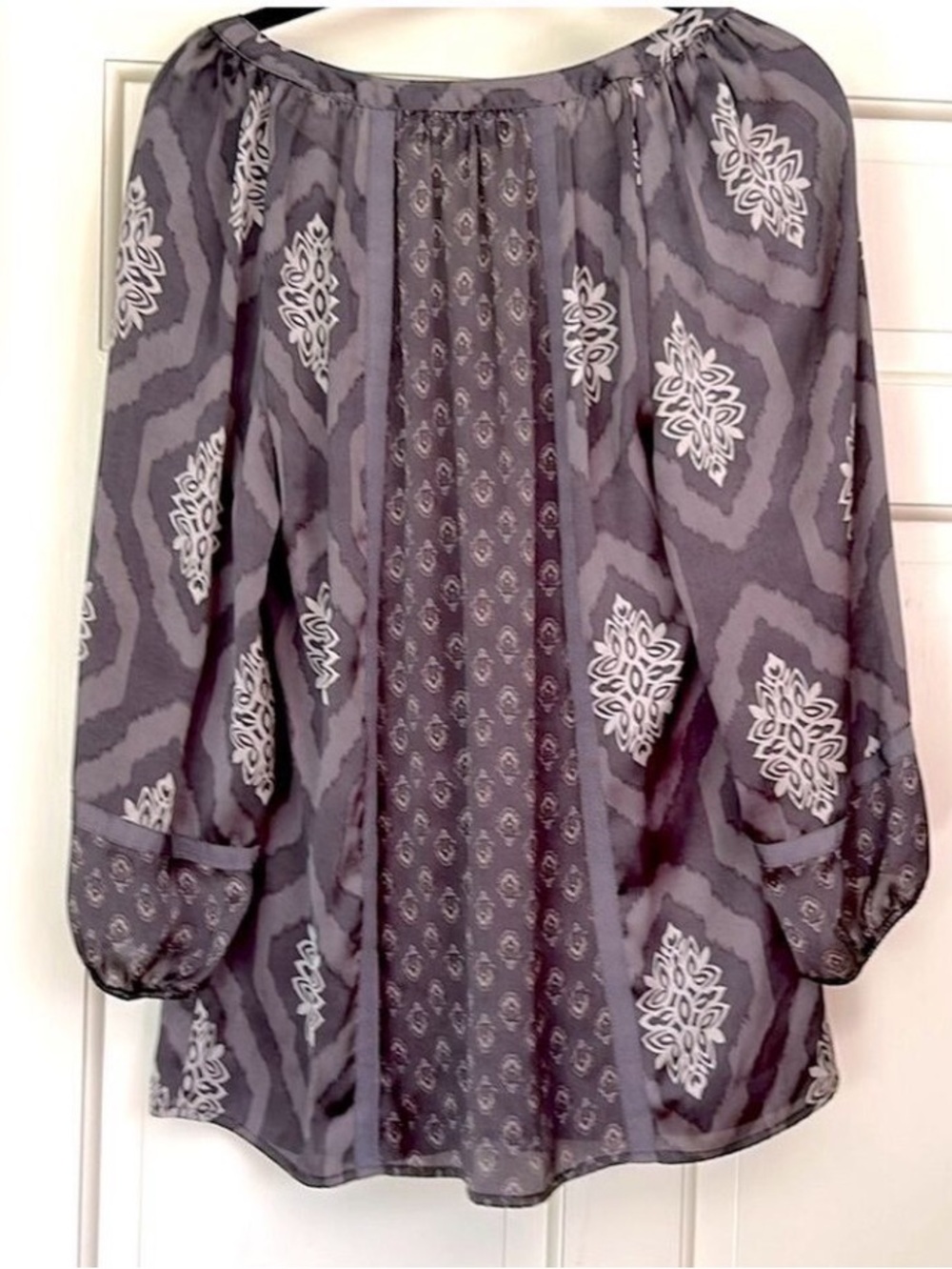 Blouse Mixed Media Pattern Top Tunic Peasant 3/4 Sleeves Cool Gray Hue Medium - Picture 7 of 7